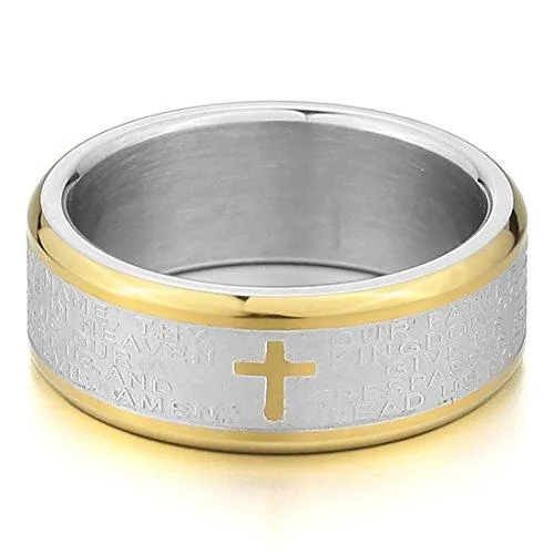 Men's Stainless Steel Ring Band Silver Gold Tone Bible Lords Prayer Cross Wedding