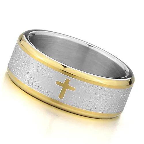 Men's Stainless Steel Ring Band Silver Gold Tone Bible Lords Prayer Cross Wedding