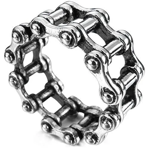 Men's Stainless Steel Ring Band Silver Tone Black Bicycle Chain