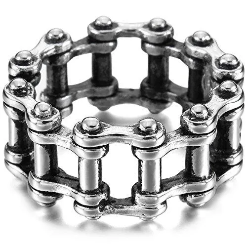 Men's Stainless Steel Ring Band Silver Tone Black Bicycle Chain