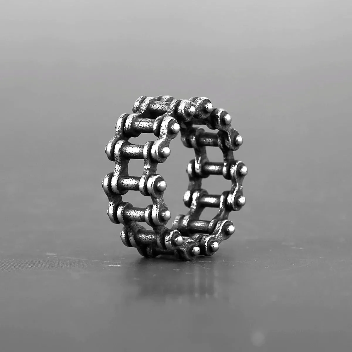 Men's Stainless Steel Ring Band Silver Tone Black Bicycle Chain