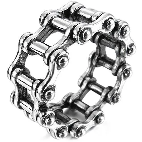 Men's Stainless Steel Ring Band Silver Tone Black Bicycle Chain