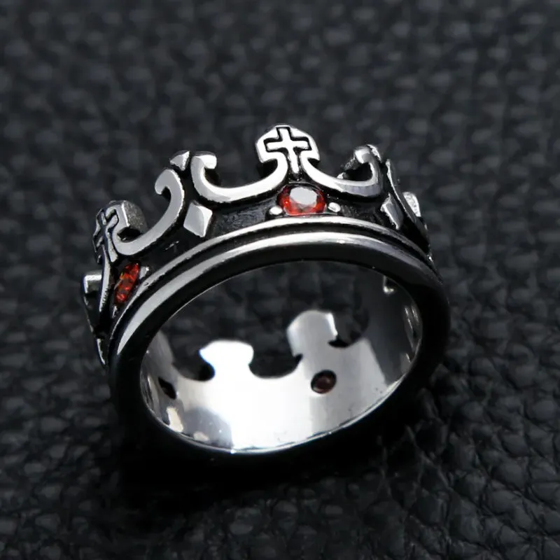 Men's Stainless Steel Ring Band Silver Tone Black Royal King Crown Knight Red Zircon