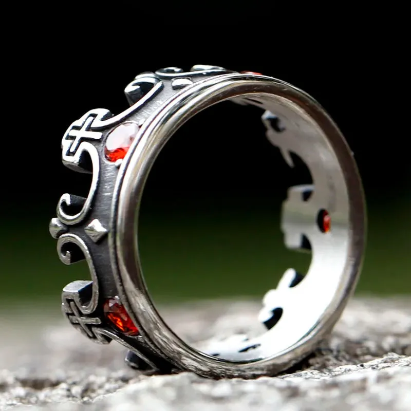 Men's Stainless Steel Ring Band Silver Tone Black Royal King Crown Knight Red Zircon