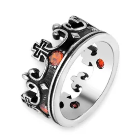 Men's Stainless Steel Ring Band Silver Tone Black Royal King Crown Knight Red Zircon