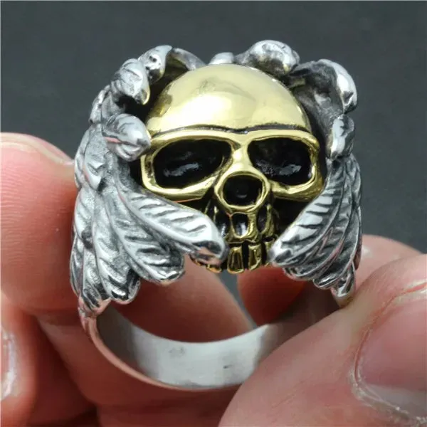 Men's Stainless Steel Ring Silver Gold Tone Black Skull Wing