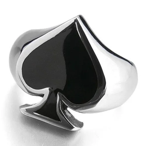 Men's Stainless Steel Ring Silver Tone Black Ace of Spades Poker Card