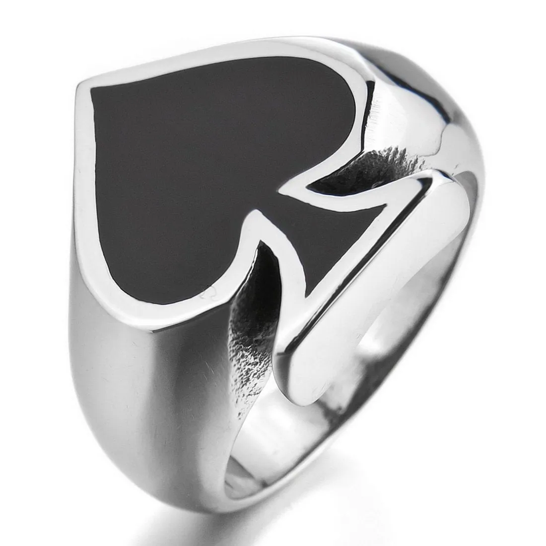 Men's Stainless Steel Ring Silver Tone Black Ace of Spades Poker Card