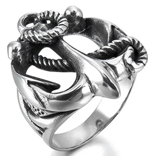 Men's Stainless Steel Ring Silver Tone Black Anchor Nautical Rope