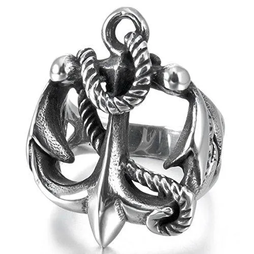 Men's Stainless Steel Ring Silver Tone Black Anchor Nautical Rope