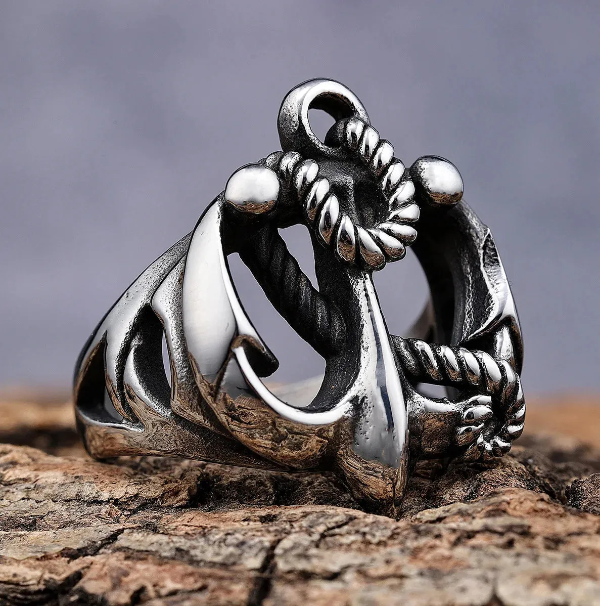 Men's Stainless Steel Ring Silver Tone Black Anchor Nautical Rope