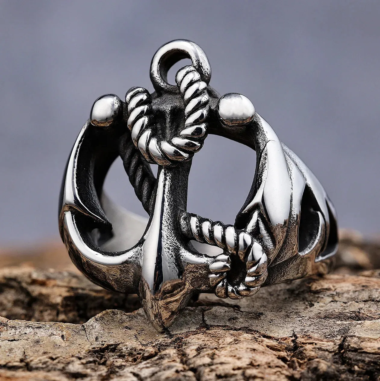 Men's Stainless Steel Ring Silver Tone Black Anchor Nautical Rope