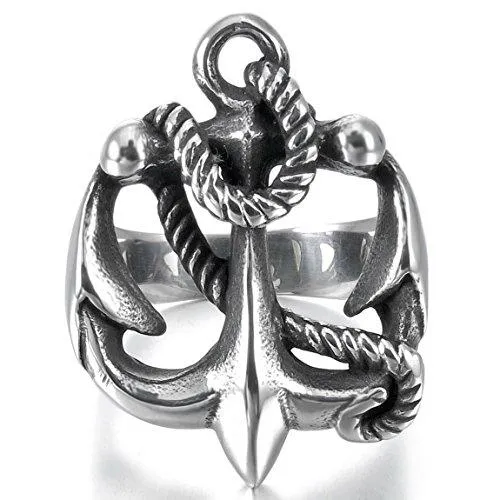 Men's Stainless Steel Ring Silver Tone Black Anchor Nautical Rope