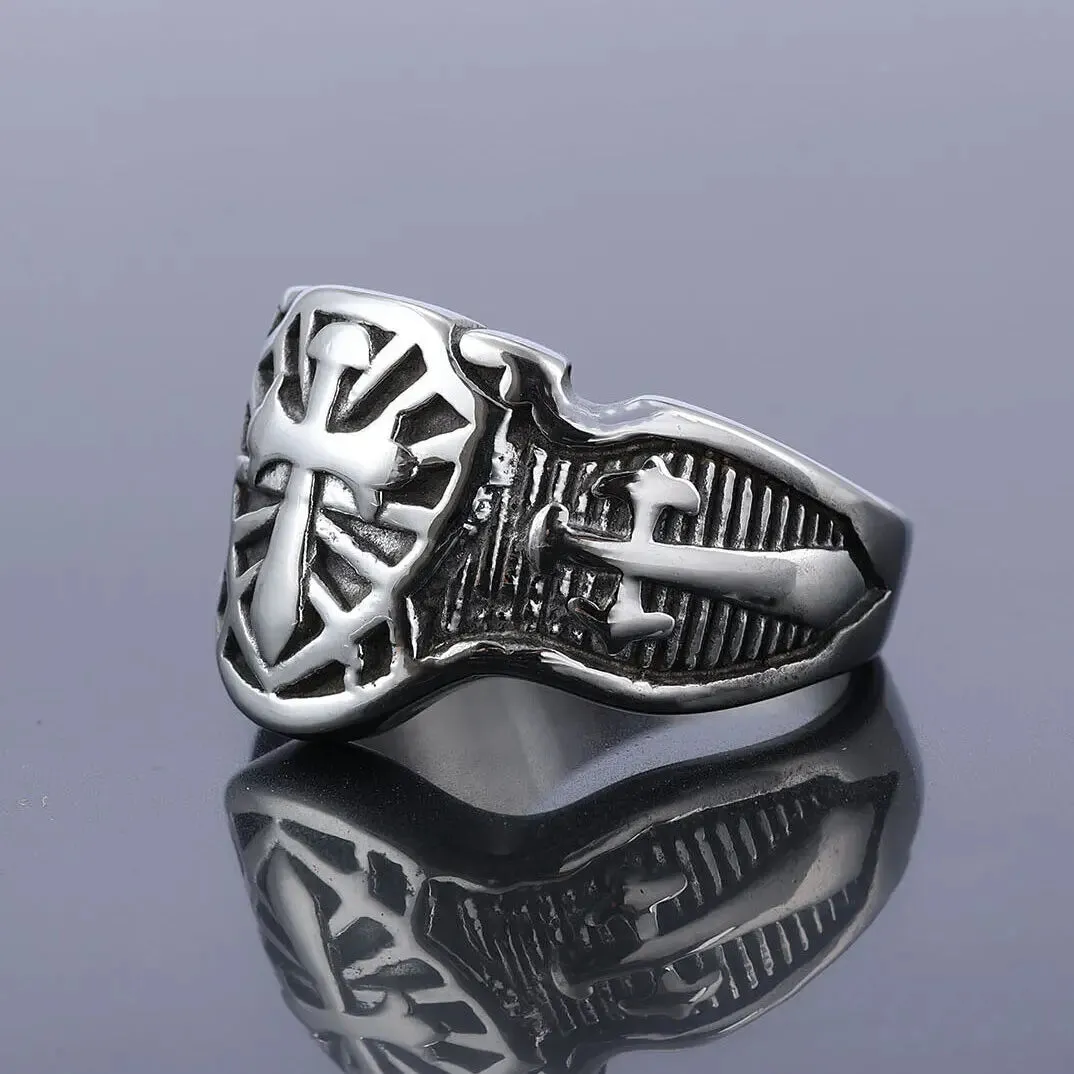 Men's Stainless Steel Ring Silver Tone Black Celtic Medieval Cross Sword Shield