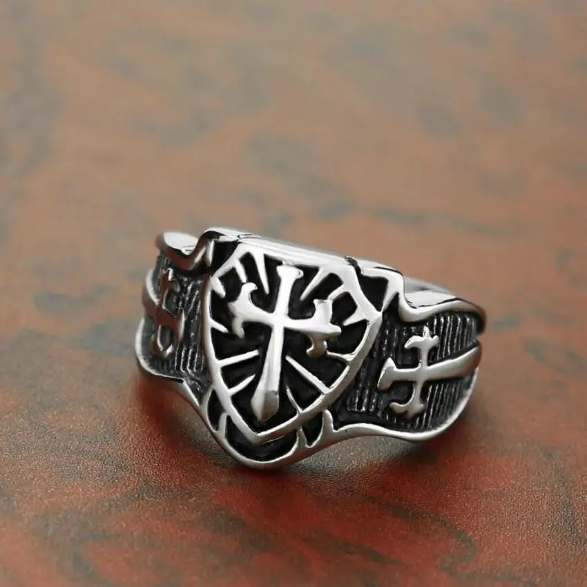 Men's Stainless Steel Ring Silver Tone Black Celtic Medieval Cross Sword Shield