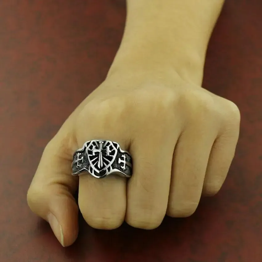 Men's Stainless Steel Ring Silver Tone Black Celtic Medieval Cross Sword Shield