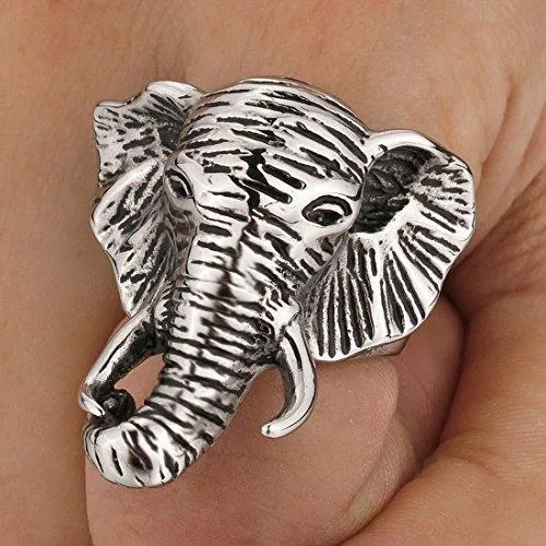 Men's Stainless Steel Ring Silver Tone Black Elephant