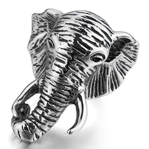 Men's Stainless Steel Ring Silver Tone Black Elephant