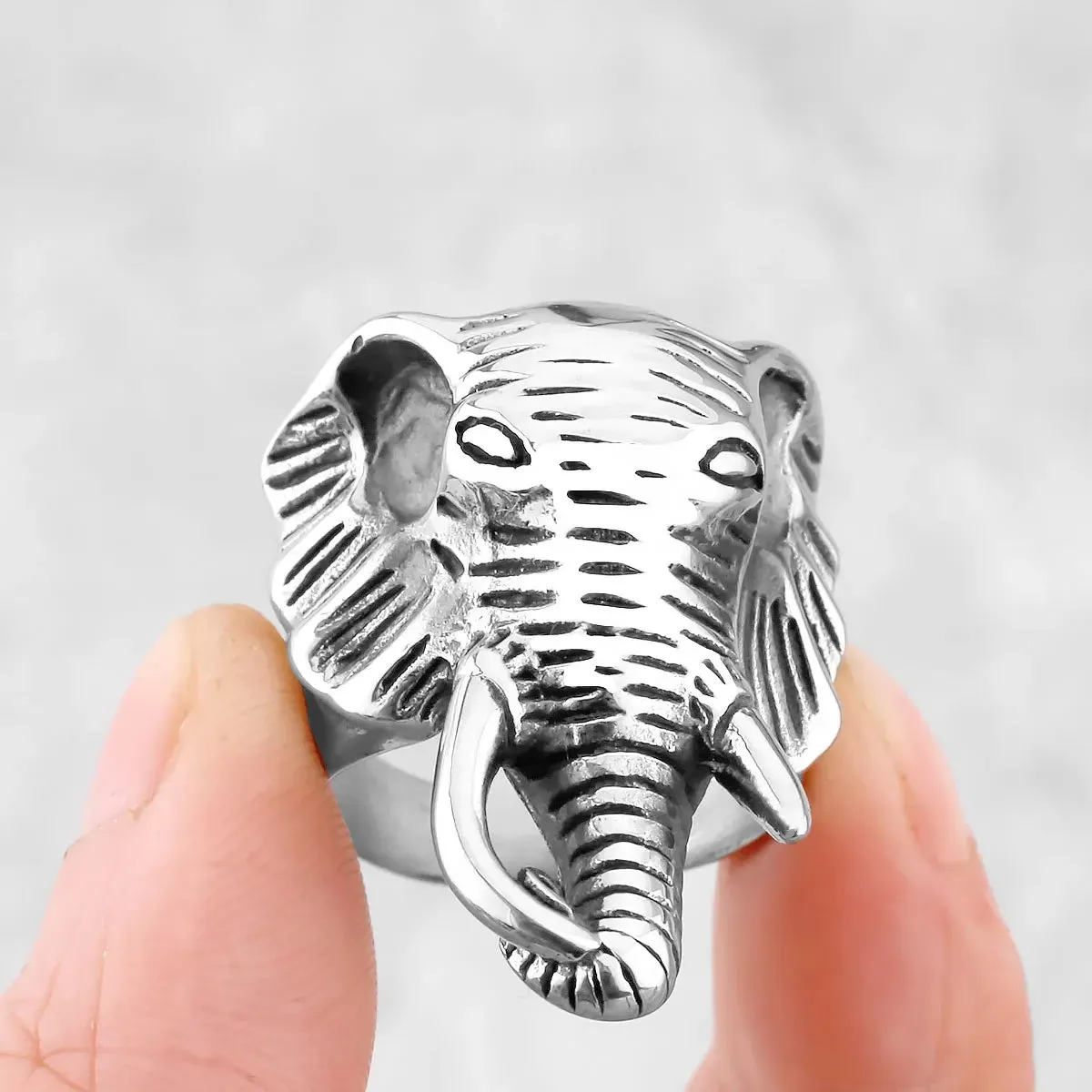 Men's Stainless Steel Ring Silver Tone Black Elephant