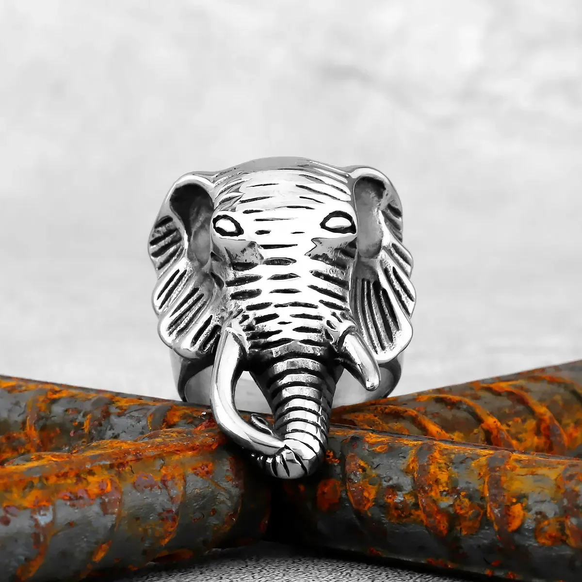 Men's Stainless Steel Ring Silver Tone Black Elephant