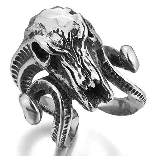 Men's Stainless Steel Ring Silver Tone Black Goat Horn Skull