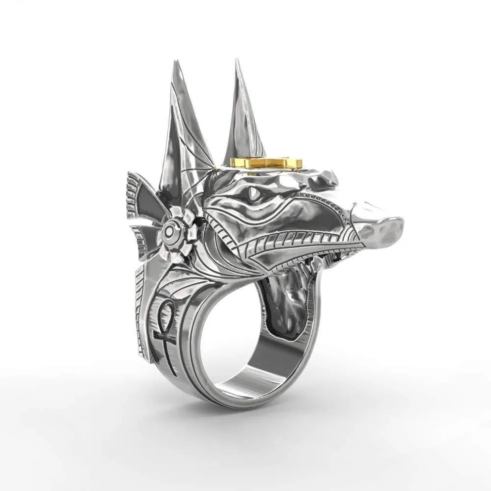 Men's Stainless Steel Ring Silver Tone Creative Egypt Anubis God and Cross Biker Punk Ring