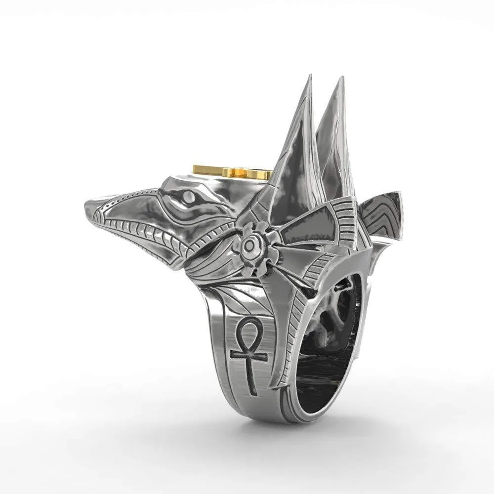 Men's Stainless Steel Ring Silver Tone Creative Egypt Anubis God and Cross Biker Punk Ring