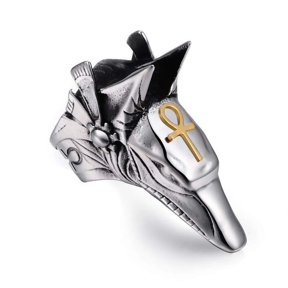 Men's Stainless Steel Ring Silver Tone Creative Egypt Anubis God and Cross Biker Punk Ring