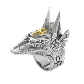 Men's Stainless Steel Ring Silver Tone Creative Egypt Anubis God and Cross Biker Punk Ring