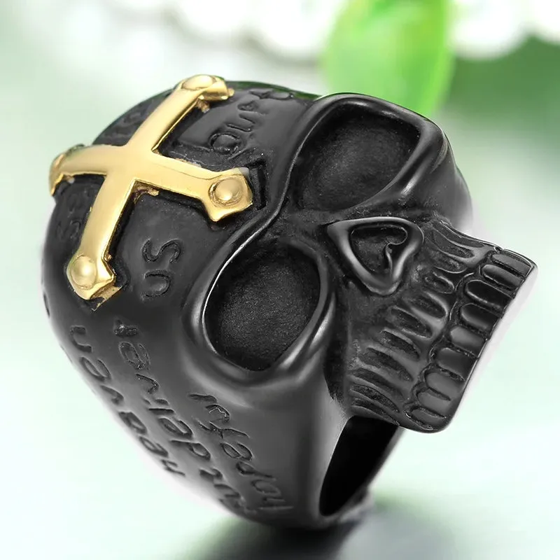 Men's Stainless Steel Rings Black Gold Skull Cross Bible Lords Prayer Gothic