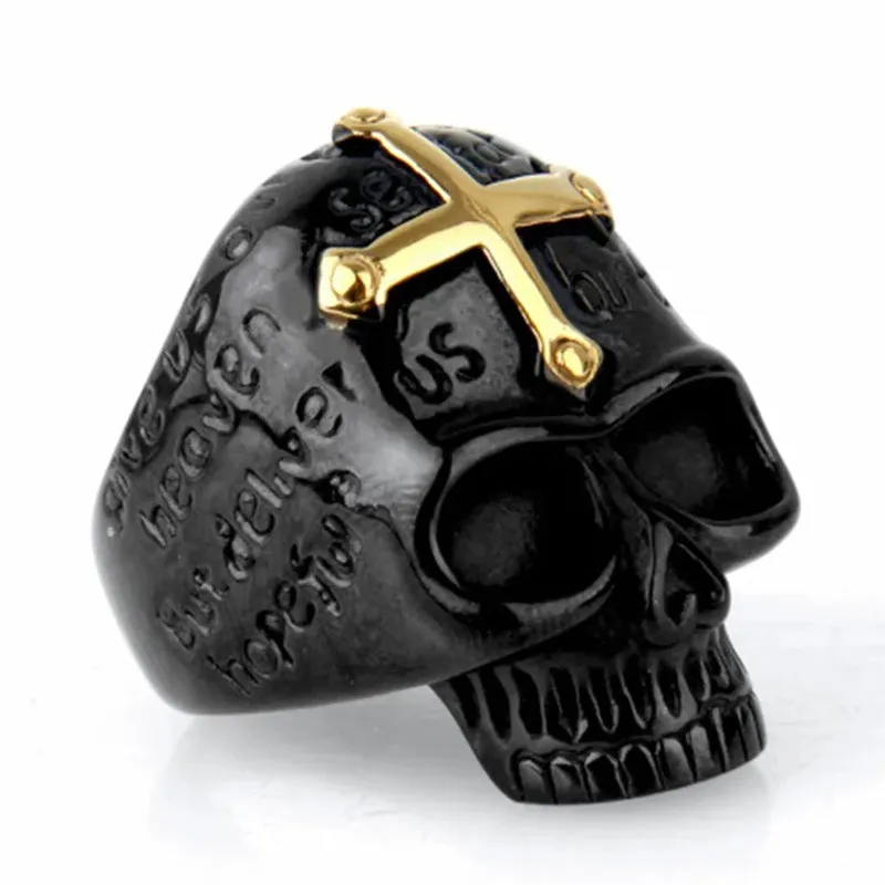 Men's Stainless Steel Rings Black Gold Skull Cross Bible Lords Prayer Gothic