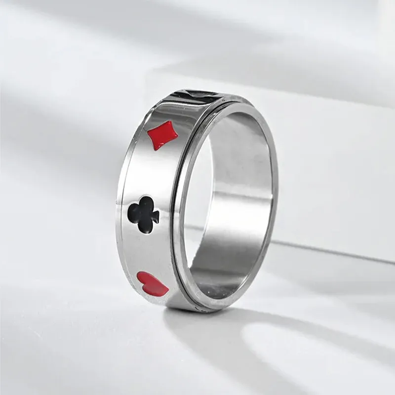 Men's Stainless Steel Silver Tone Card Rotatable Spinner Ring