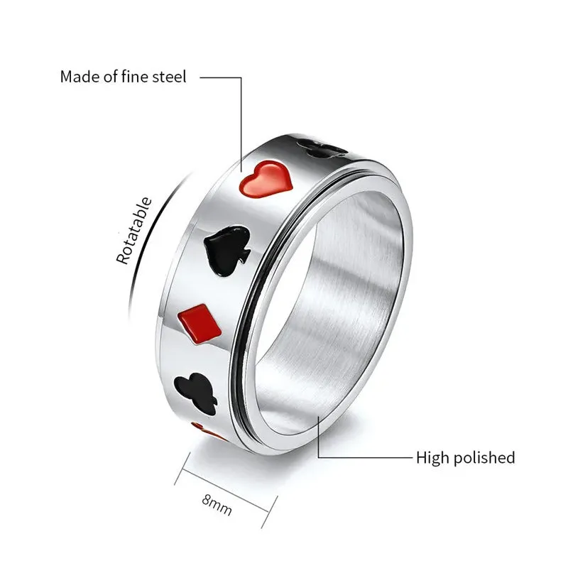 Men's Stainless Steel Silver Tone Card Rotatable Spinner Ring