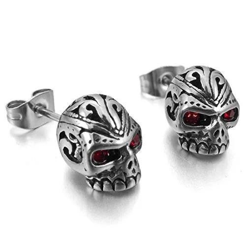 Men's Stainless Steel Stud Earrings CZ Silver Tone White Red Skull