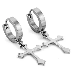 Men's Stainless Steel Stud Earrings Silver Tone Round Cross Pendant Vintage