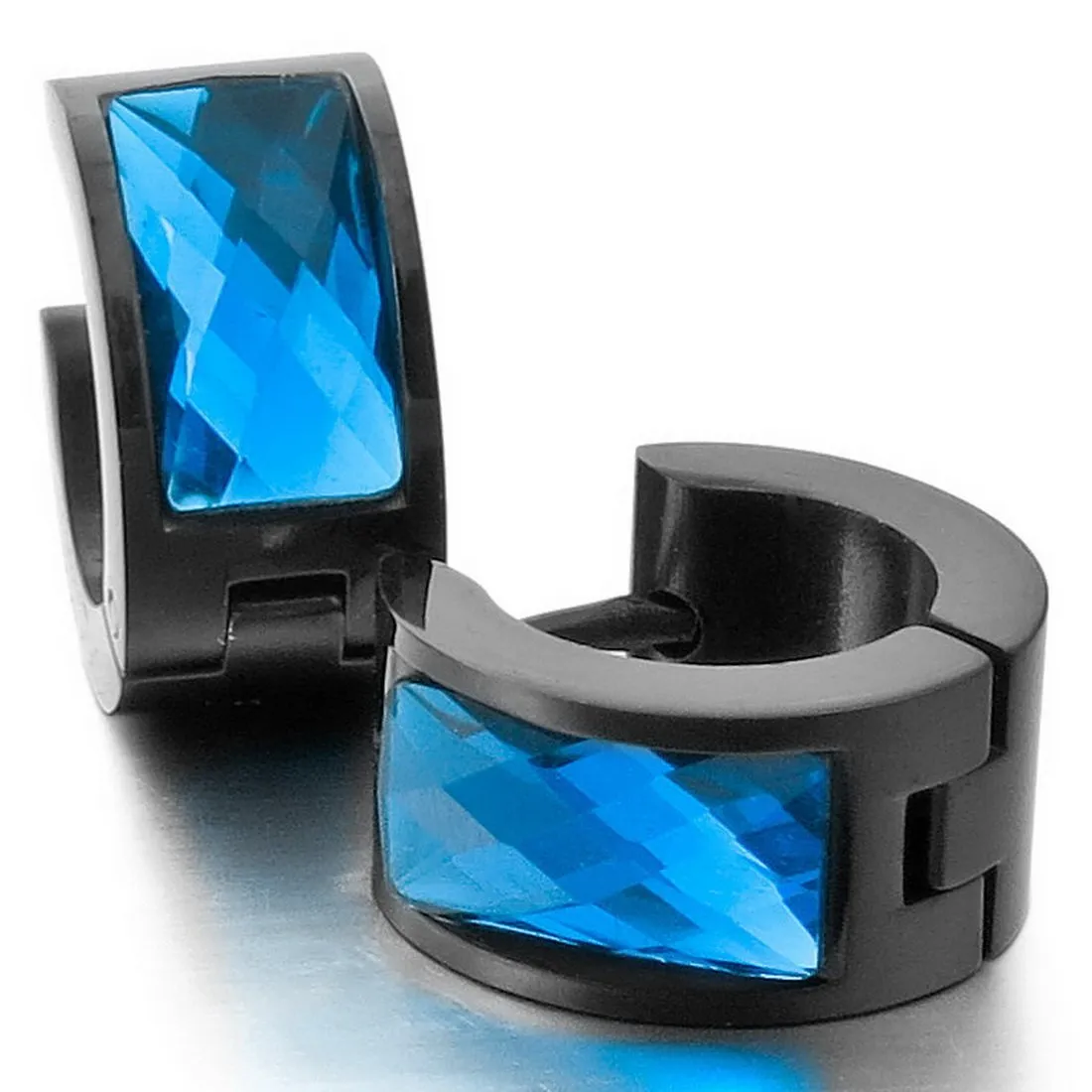 Men's Stainless Steel Stud Hoop Huggie Earrings CZ Black Blue