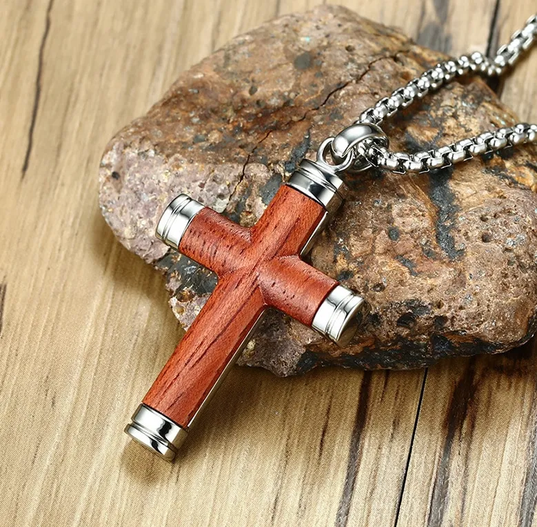 Men's Stainless Steel Wood Pendant Necklace Silver Gold Tone Cross - With 24 Inch Chain