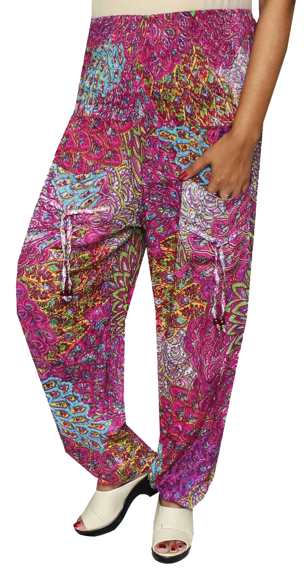 Womens Smocked Waist Hippie Rayon Harem Pants (Pink)