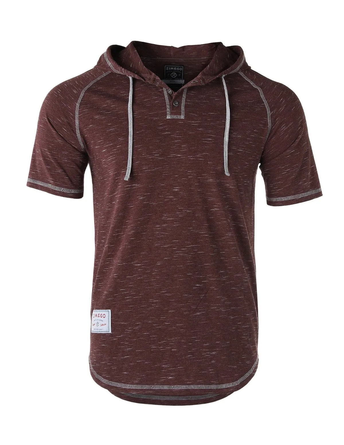 Maroon Short Sleeve Raglan Henley Hoodie Round Bottom Semi Longline T-Shirt