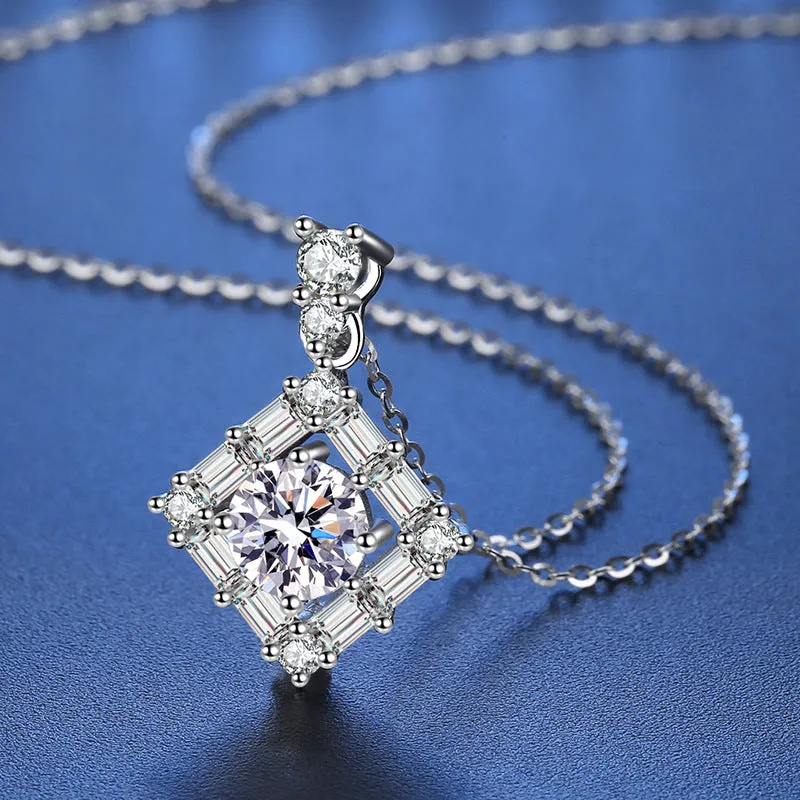 S925 Sterling Silver Crystal Square Moissanite Necklace