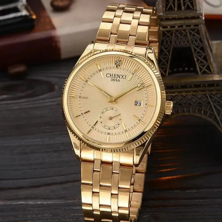 069A Simple Watch - Golden Quartz Wristwatch for Men