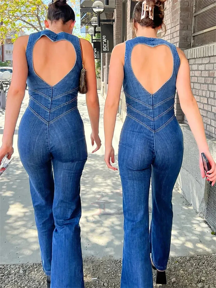 Ashore Shop Backless Heart Cutout Bodycon Jumpsuit For Women Casual Sleeveless Slim One-Piece Outfits Retro Denim Jumpsuits New 2023