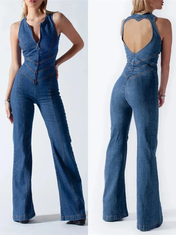 Ashore Shop Backless Heart Cutout Bodycon Jumpsuit For Women Casual Sleeveless Slim One-Piece Outfits Retro Denim Jumpsuits New 2023