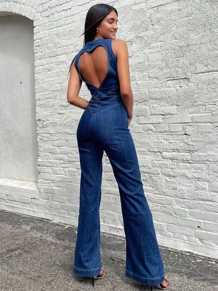 Ashore Shop Backless Heart Cutout Bodycon Jumpsuit For Women Casual Sleeveless Slim One-Piece Outfits Retro Denim Jumpsuits New 2023