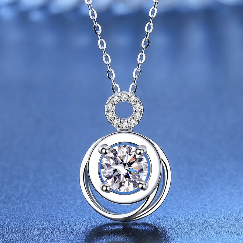 Silver Round Double Bezel Moissanite Necklace