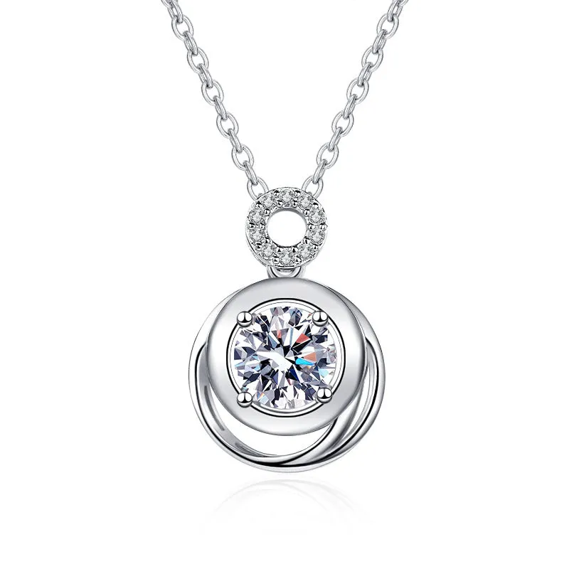 Silver Round Double Bezel Moissanite Necklace