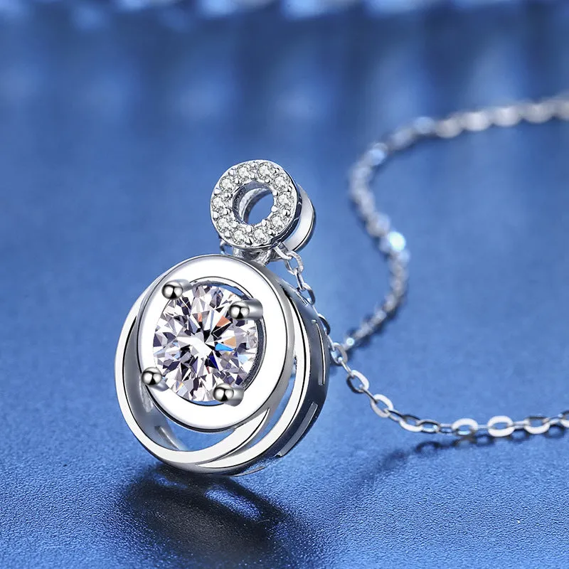 Silver Round Double Bezel Moissanite Necklace