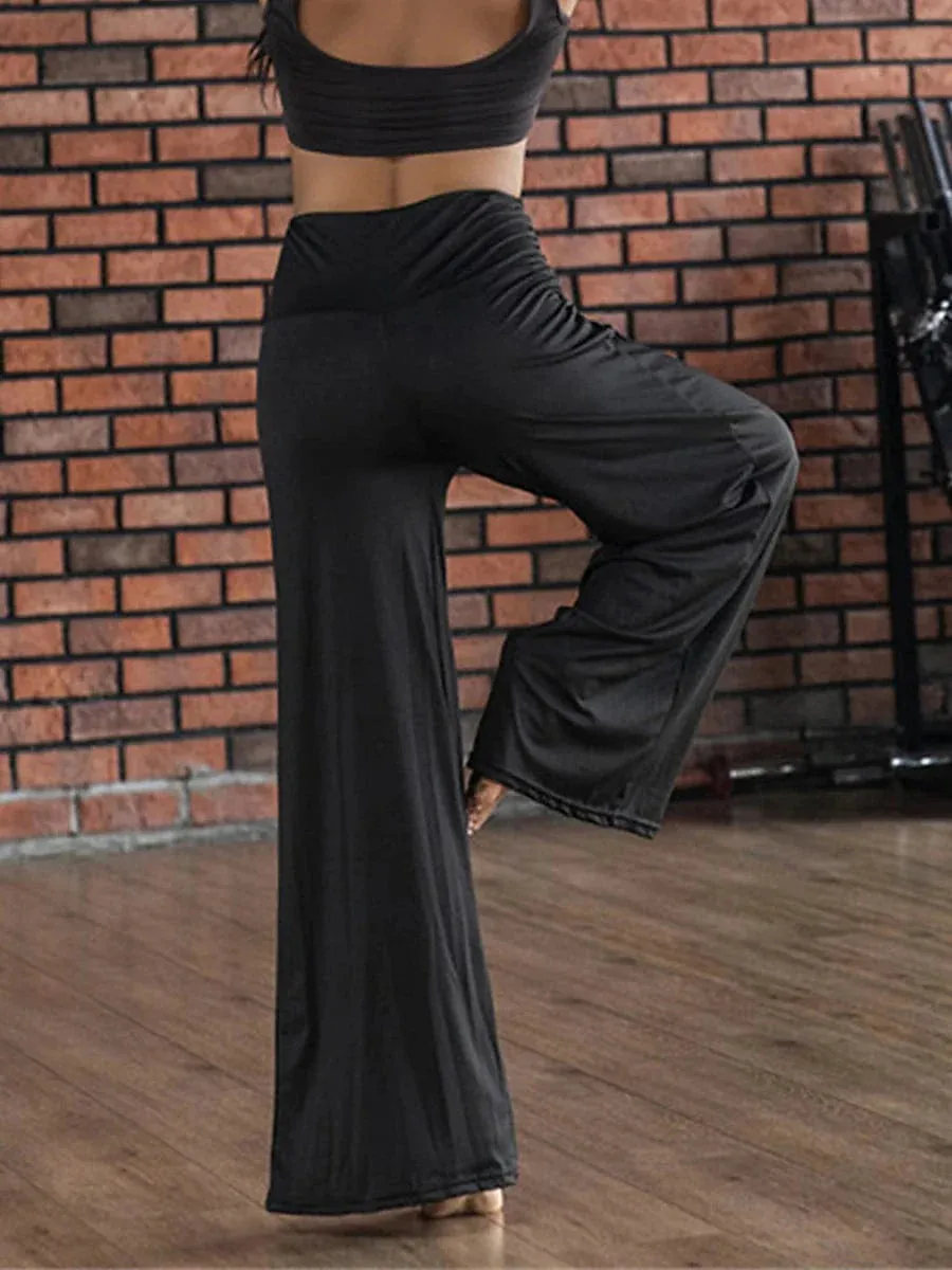 Women's Stylish Wide Leg Faux Linen Pants with High Waist and Drawstring - Black/White S-M