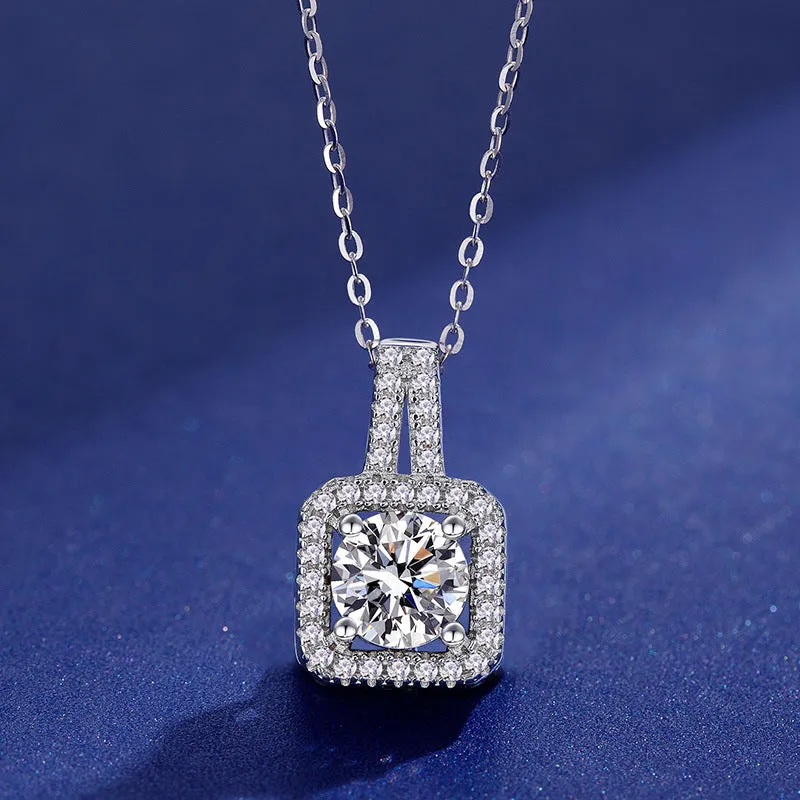 Sterling Silver Moissanite Princess Square Bale Necklace