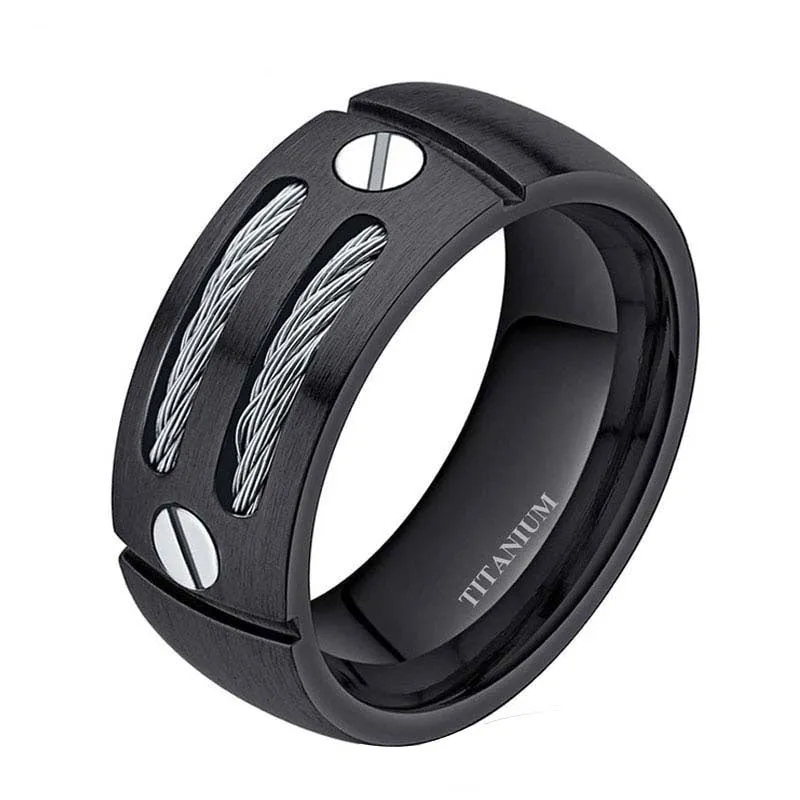 8mm Men's Silver/Black Cable Inlay Titanium Ring Wedding Band Screw Design Size 6-14